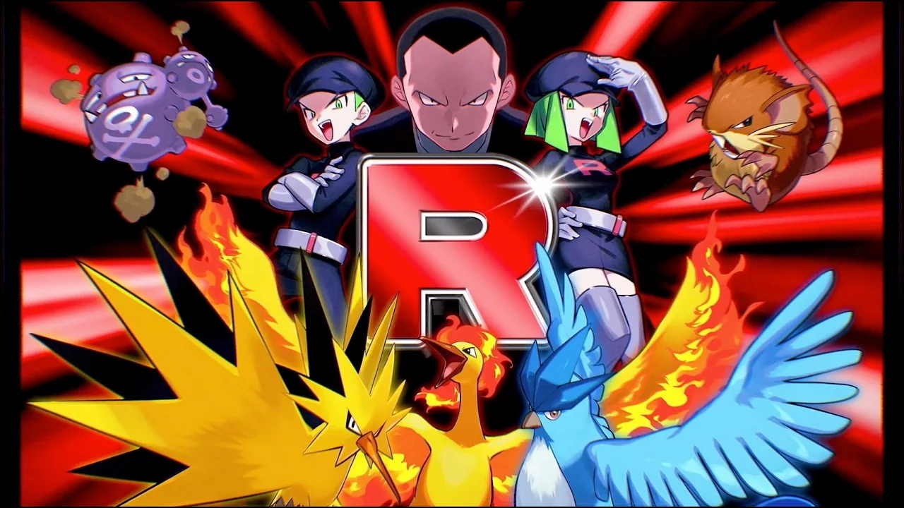 Giovanni, membros da Team Rocket e vários Pokémon na expansão Team Rocket’s Ambition