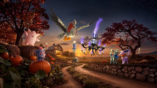 Pokémon reunidos numa paisagem outonal da temporada Twilight Trails